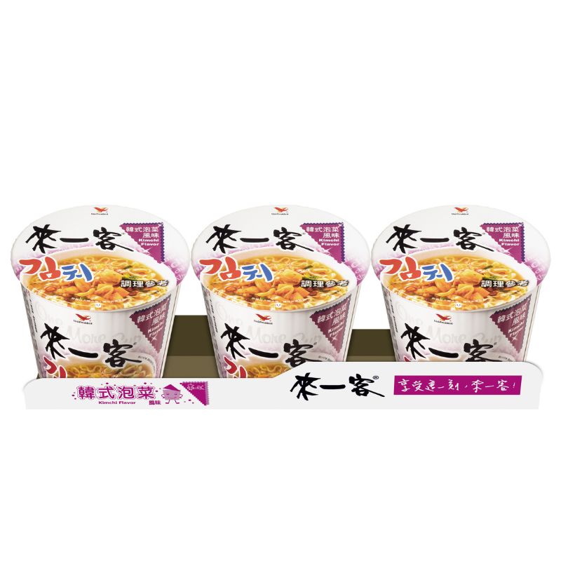 A pack of three Uni-President Lai Yi Ke Korean Kimchi Flavor instant noodle cups.