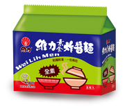 Packaging for Wei Lih Jah Jan Vegetarian Instant Noodles showing a bowl of noodles and the 'Vegan' label, indicating the product is plant-based and suitable for vegans.