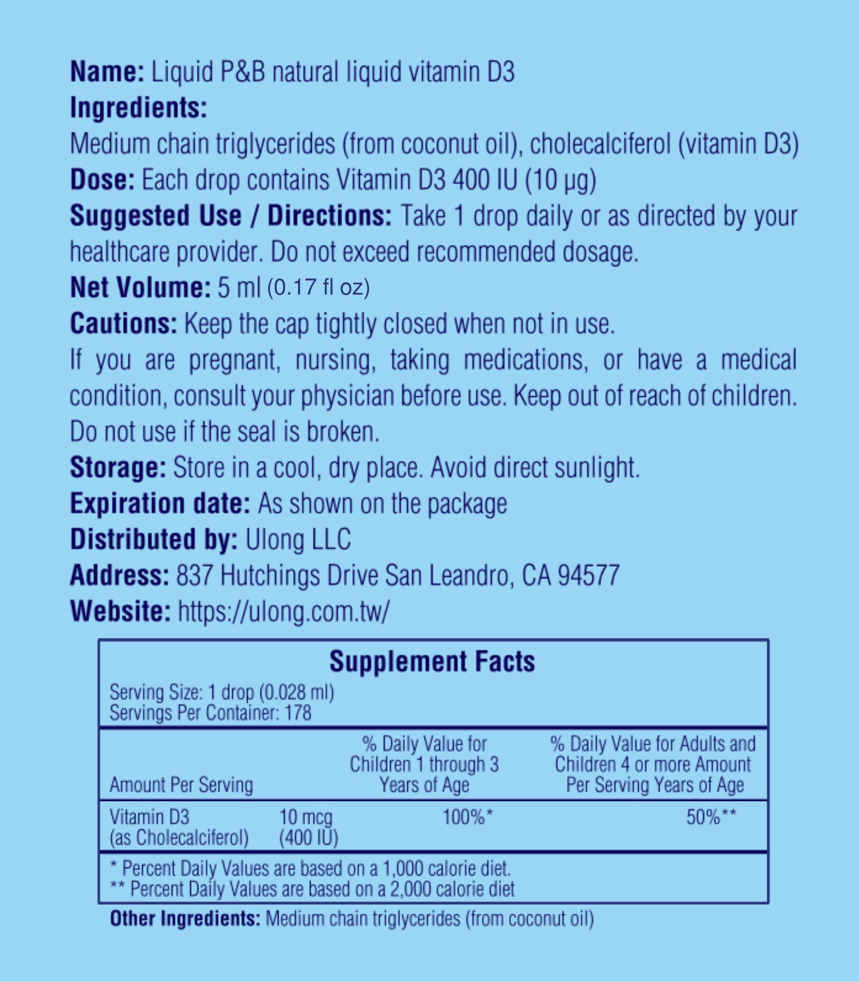 Liquid P&B Natural Liquid Vitamin D3 - 5ml