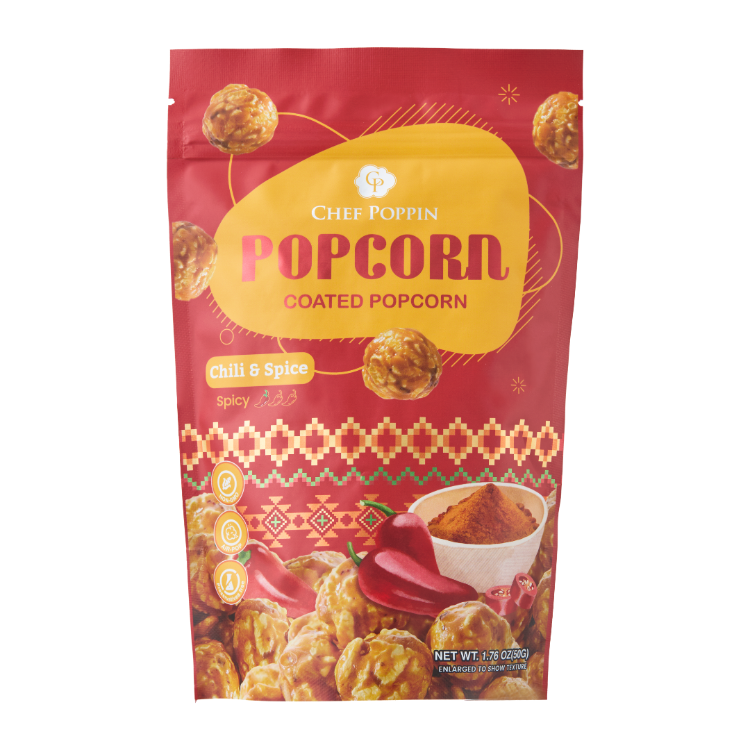 Chef Poppin Popcorn Coated Popcorn Chili & Spice flavor packaging on a white background