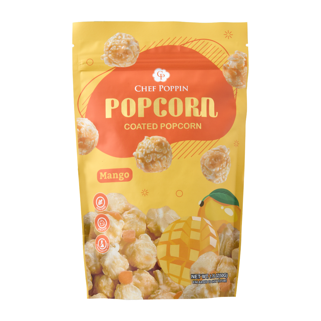 Packaged mango-flavored coated popcorn with 'Chef Poppin' branding on a white background.