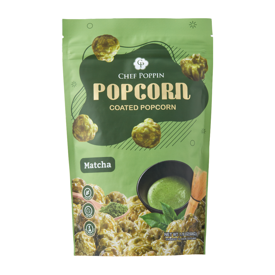 Green package of Chef Poppin Matcha Coated Popcorn on a white background