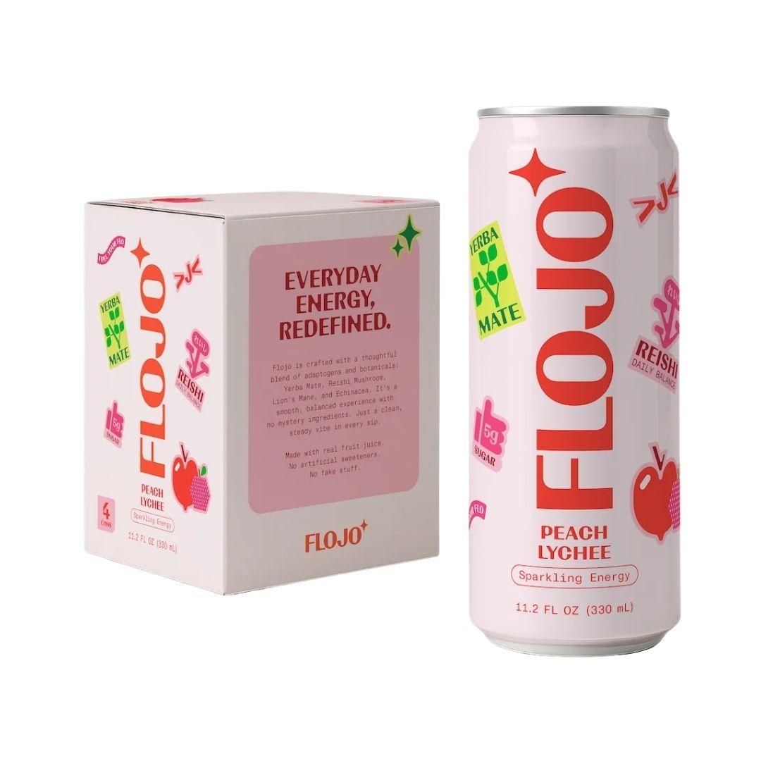 A can and box of FLOJO Peach Lychee Sparkling Energy drink on a plain white background. The packaging is white with pink and red graphics, featuring the FLOJO brand name and a green Resn Mate logo.