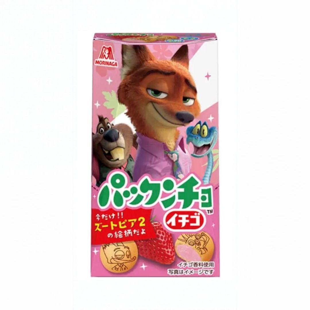 A box of Morinaga Pocky Choco Igau featuring characters from Zootopia, including Nick Wilde, Judy Hopps, and the Bad Bull, on a white background.