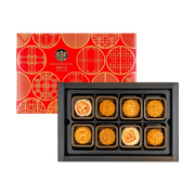 Box of mooncakes with a red decorative box on a blue background