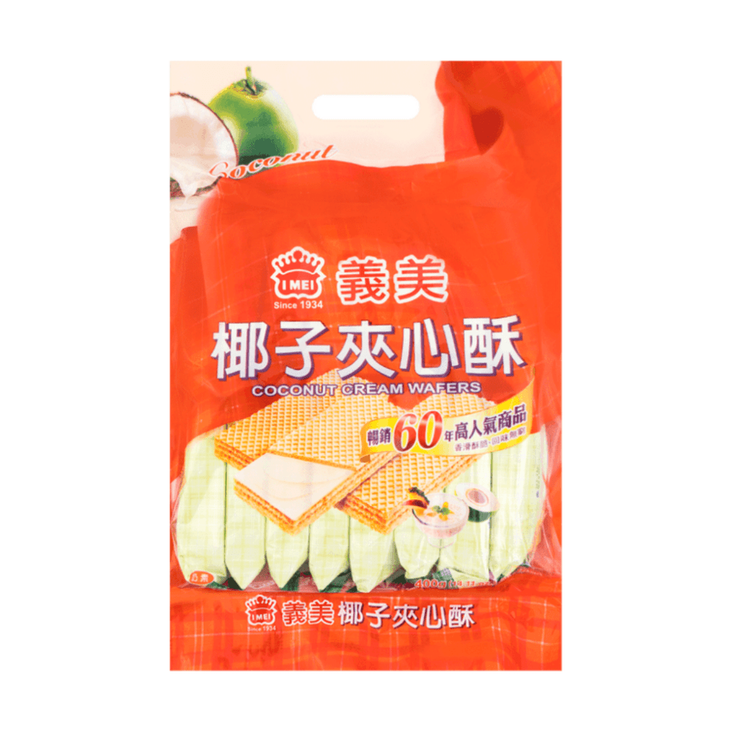 Packaging of coconut cream wafers with red background and product images.