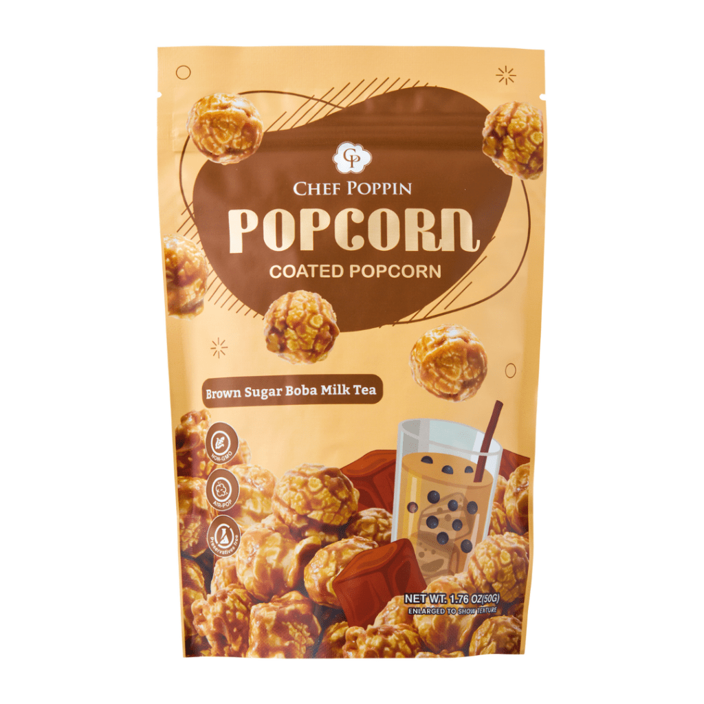 Packaging of Chef Poppin' Brown Sugar Boba Milk Tea flavored popcorn on a white background
