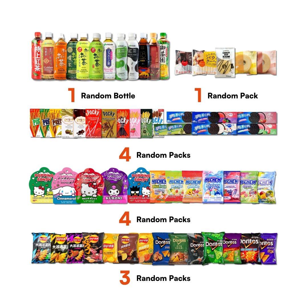 Ding-go Asian Snack Box - 13 Items (1 Beverage + 1 Snack Cake + 4 Candies + 4 Cookies + 3 Chips)