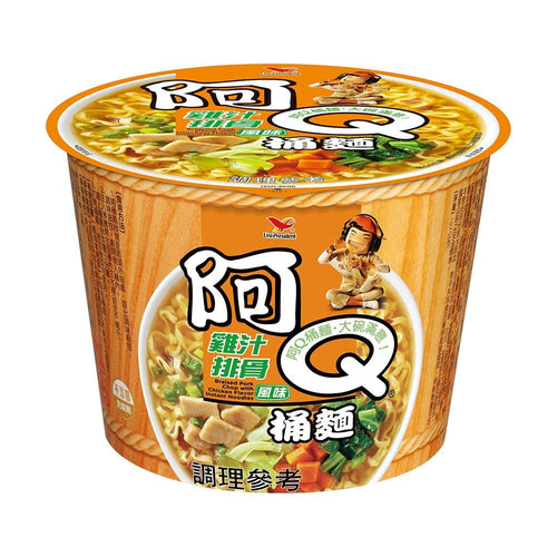 A cup of Uni-President A-Q Bucket Noodles with Chicken n' Pork Flavor, showing the product packaging and the noodles with chicken and pork pieces.
