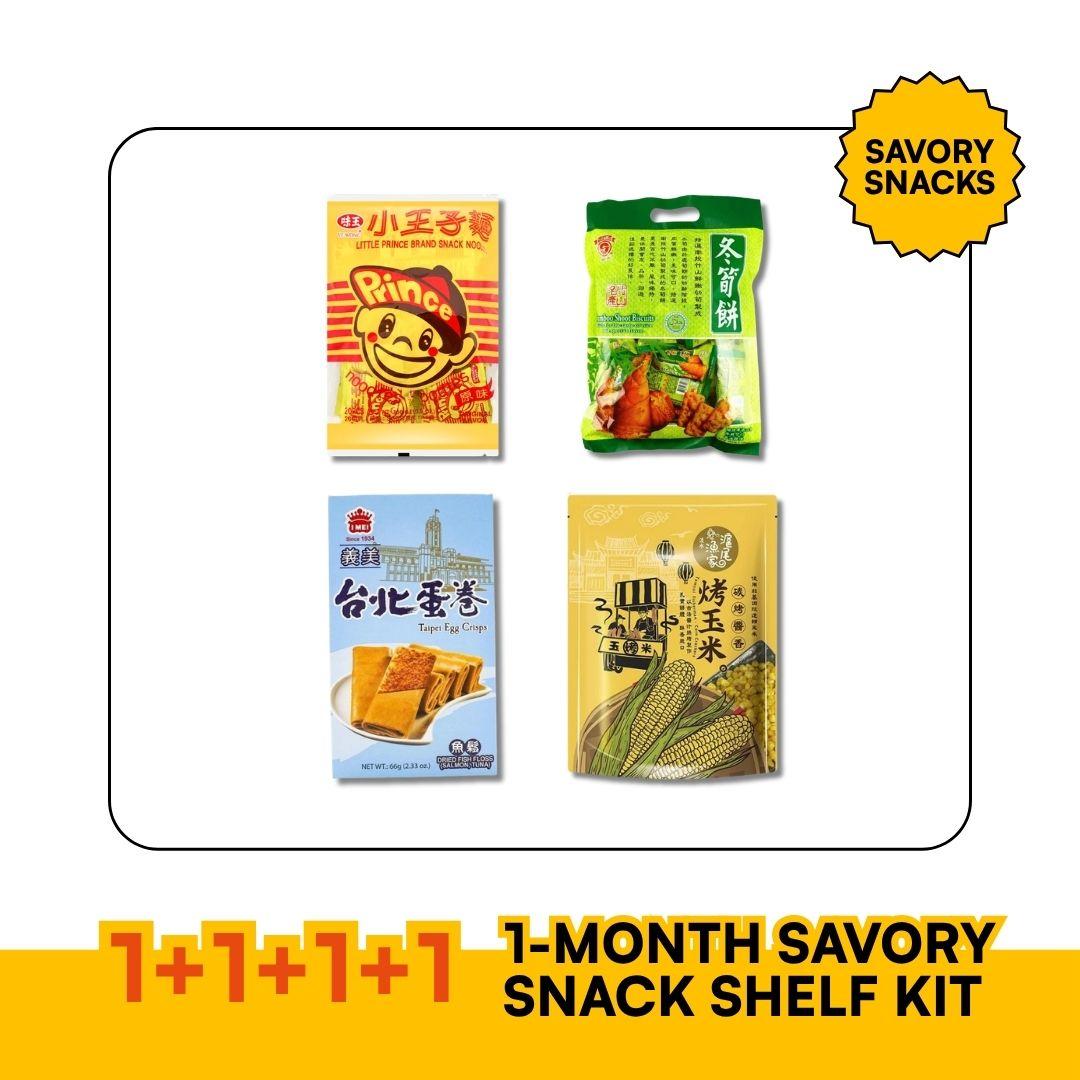1-Month Savory Snack Shelf Kit — Prince Noodles, Bamboo Shoot Biscuits, Grilled Corn & Fish Floss Egg Rolls