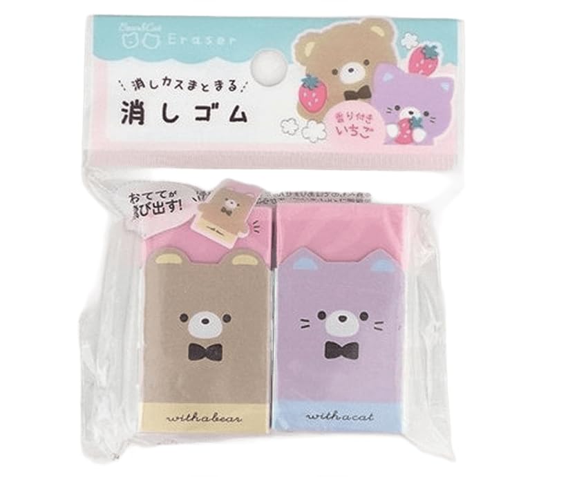 Strawberry Scented Erasers Bear & Cat Sleeve - 2 Pack (Set B)