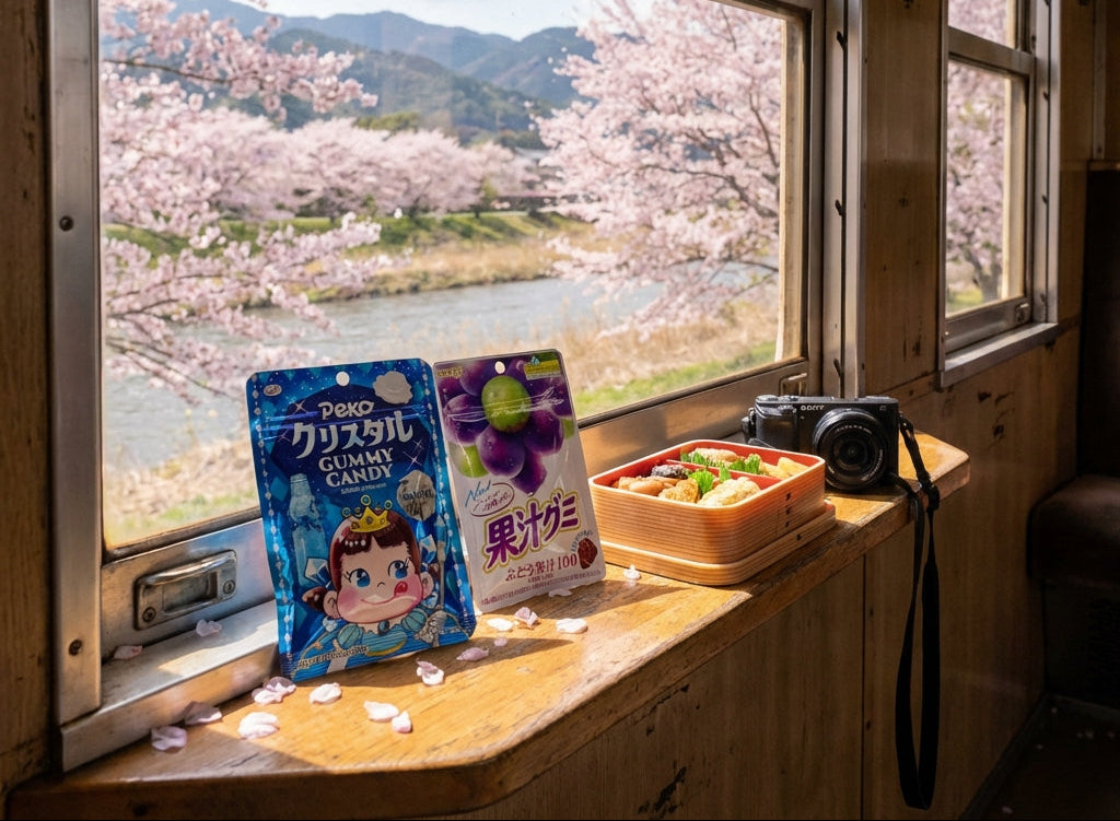 View from a train window with cherry blossoms, a camera, and snacks on a wooden shelf.