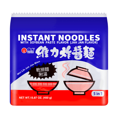 Packaging for Wei Lih Jah Jan Instant Noodles with soybean paste flavor. The package is predominantly blue with images of the noodles and a bowl, and text that specifies '5 in 1' indicating the number of pack multipacks.