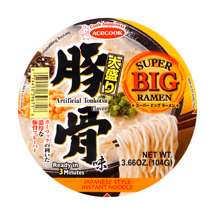 Acecook Super Big Ramen packaging with noodles and branding on a green background