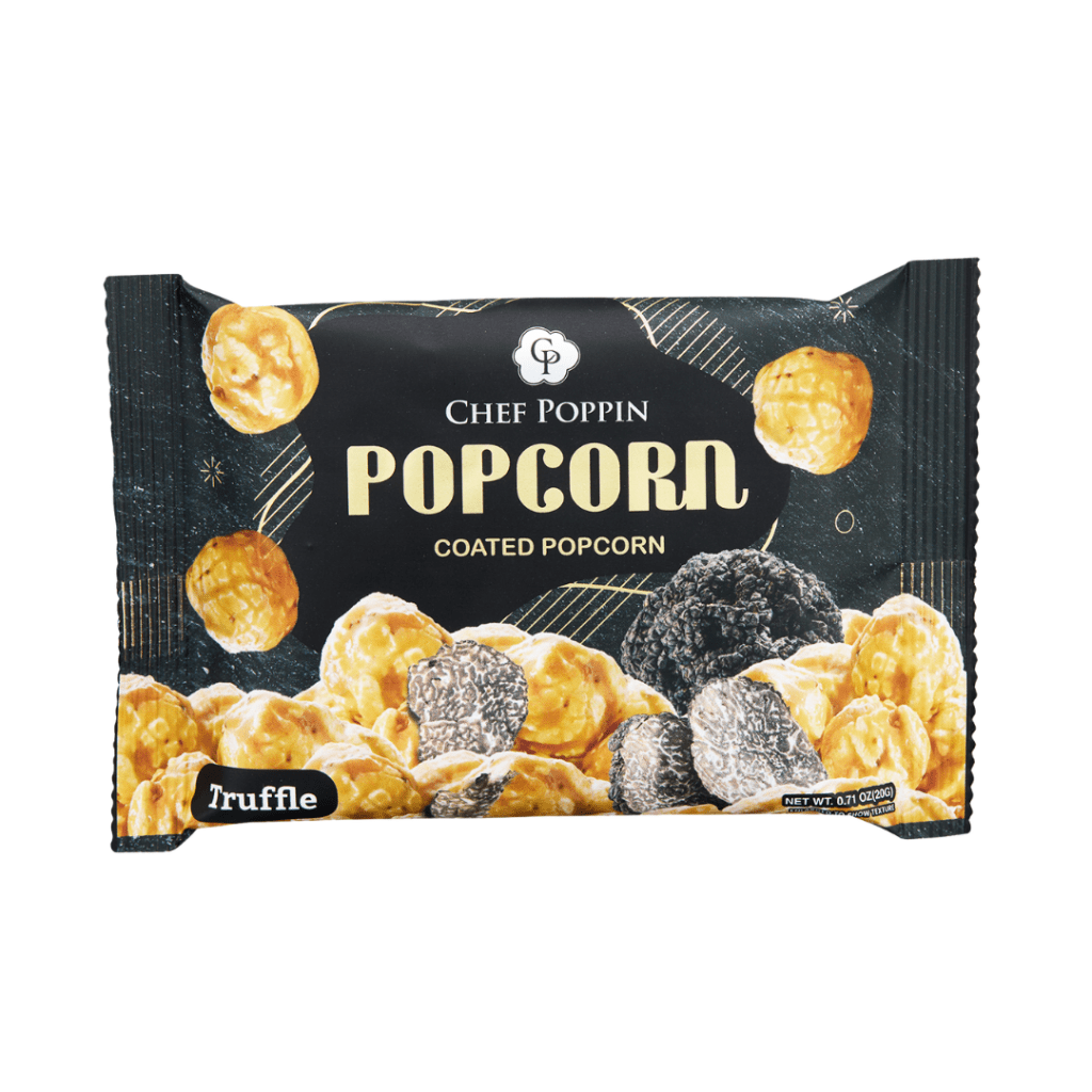 Chef Poppin truffle coated popcorn packaging on a white background