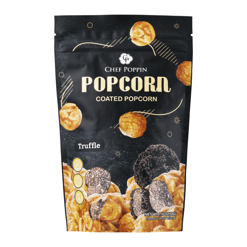 Chef Poppin Popcorn Coated Popcorn Truffle flavor packaging on a white background
