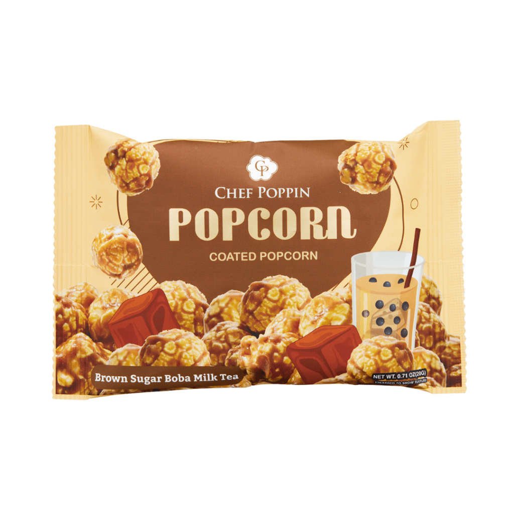Packaged popcorn with a brown sugar boba milk tea flavor, featuring Chef Poppin branding.