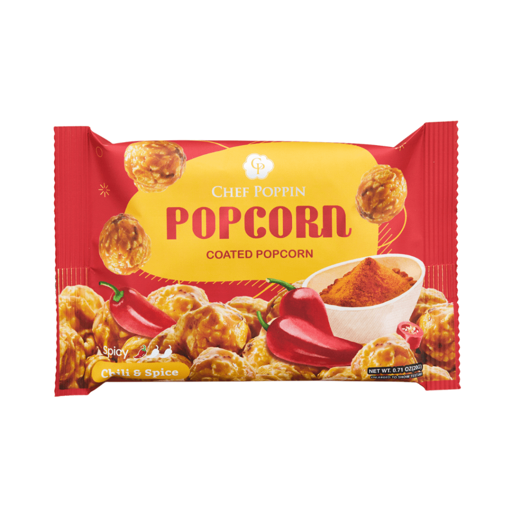 Packaged popcorn with red and yellow design on a white background