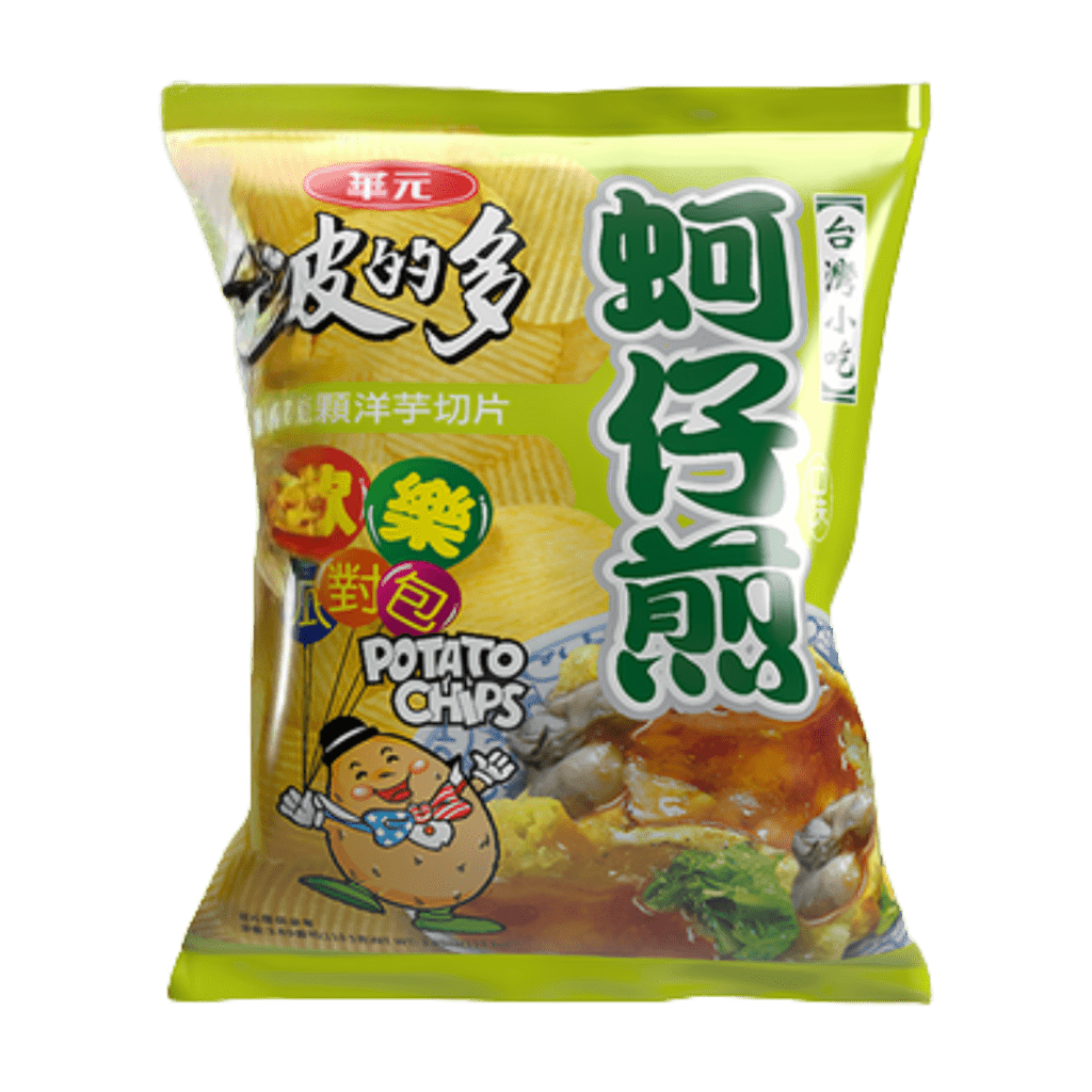 Packaged potato chips with Chinese text and a cartoon character on a white background