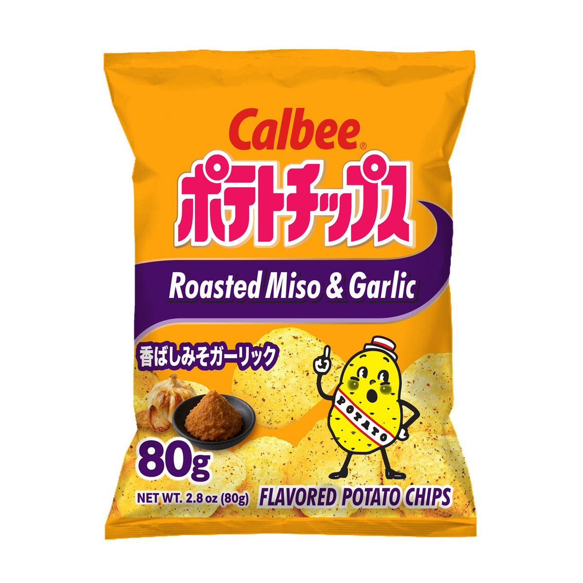 Calbee roasted miso & garlic flavored potato chips packaging on a white background