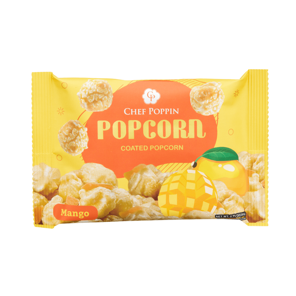 Packaged mango-flavored coated popcorn with 'Chef Poppin' branding on a white background.