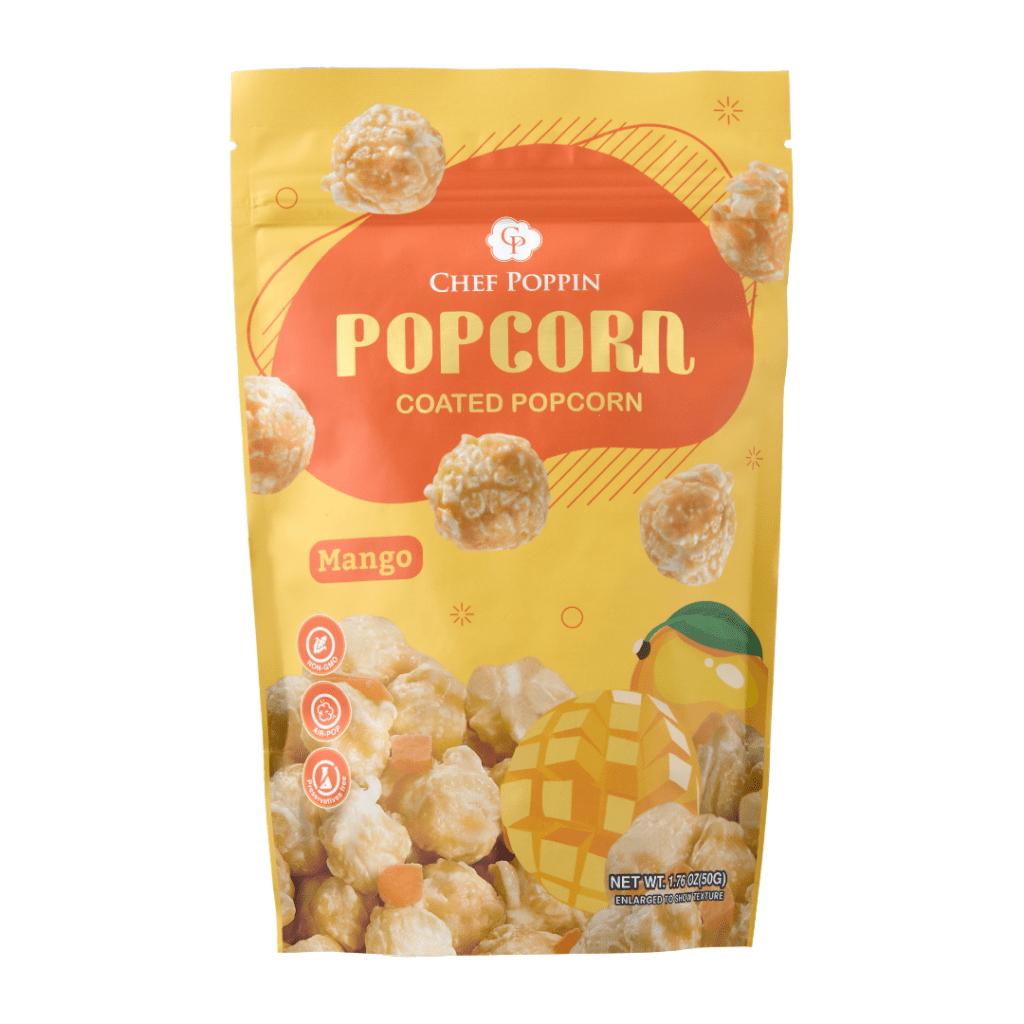 Packaged mango-flavored coated popcorn with 'Chef Poppin' branding on a white background.