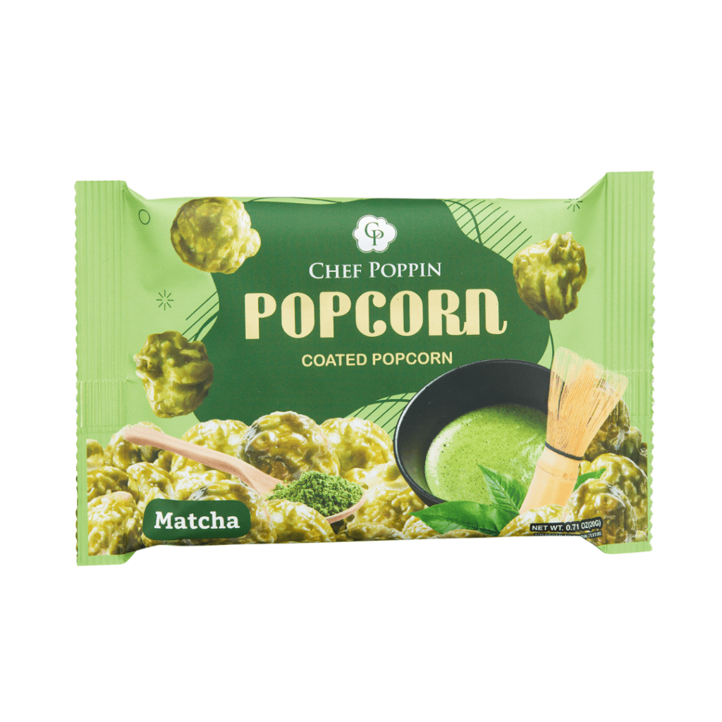 Chef Poppin Matcha Coated Popcorn packaging on a white background