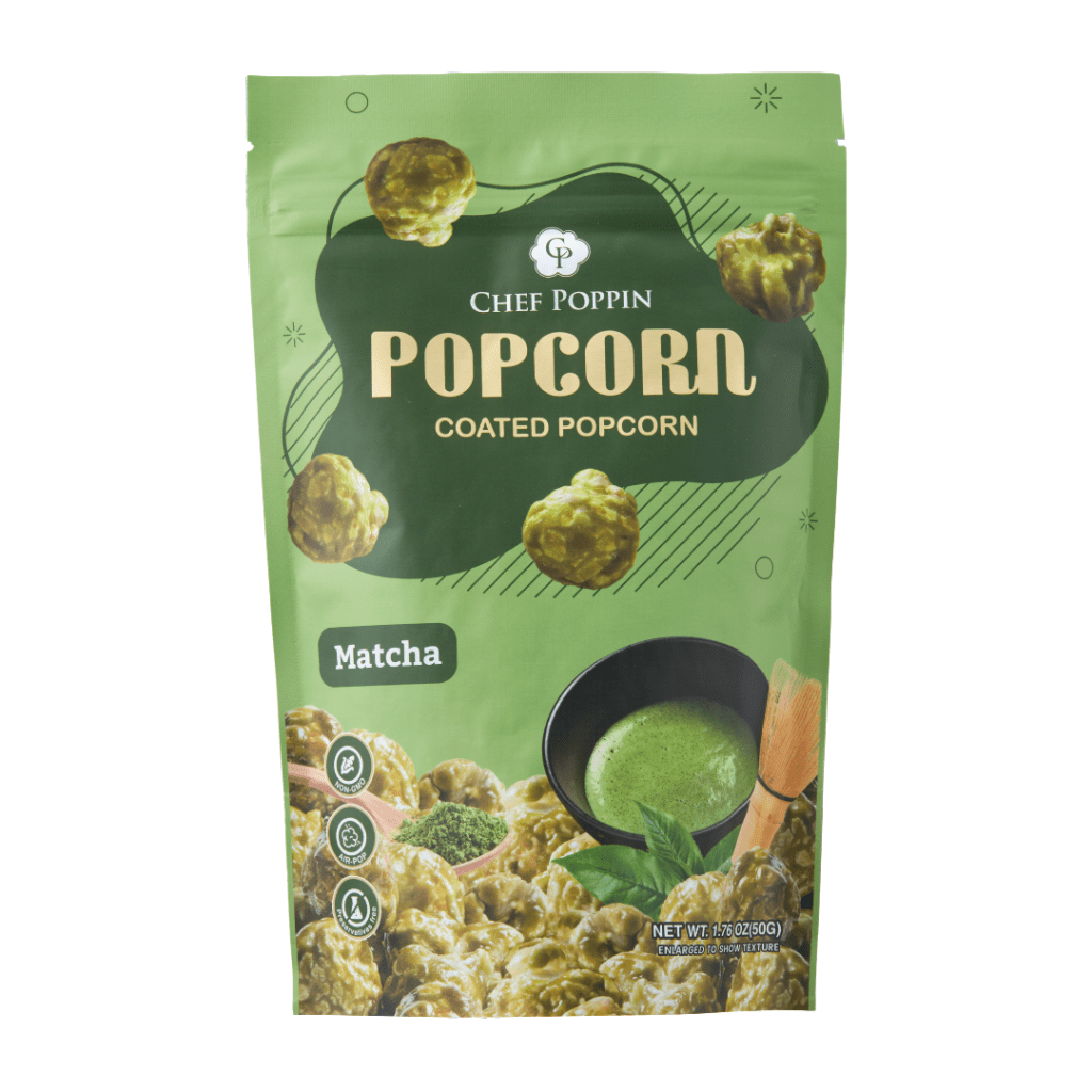 Green package of Chef Poppin Matcha Coated Popcorn on a white background