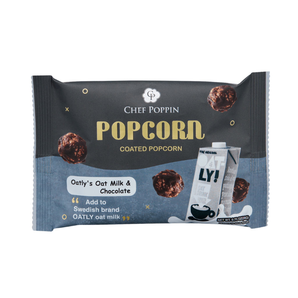 Chef Poppin Popcorn packaging with Oatly branding on a white background