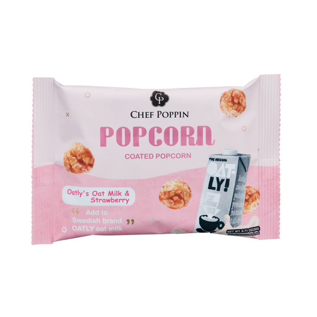 Chef Poppin popcorn package with pink background and text