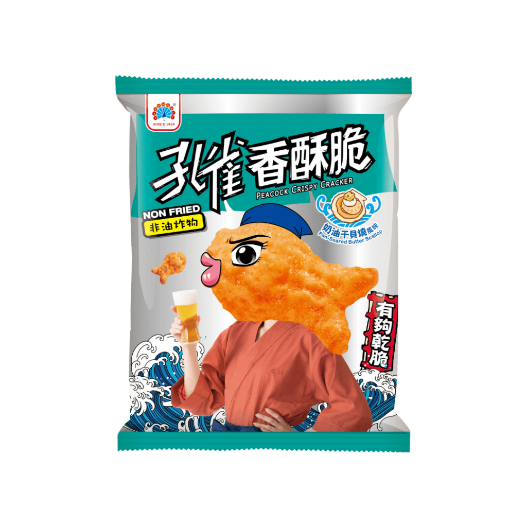 Packaging for Peacock Crispy and Crunchy Butter Scallop Flavor snack, featuring an illustration of a smiling peacock wearing a hat and a Chinese traditional garment, against a blue and white themed background.