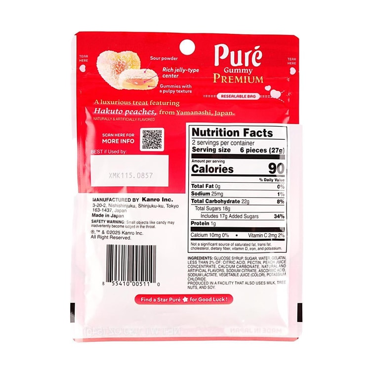 Kanro Pure Premium Gummy Hakuto Peach - 54g