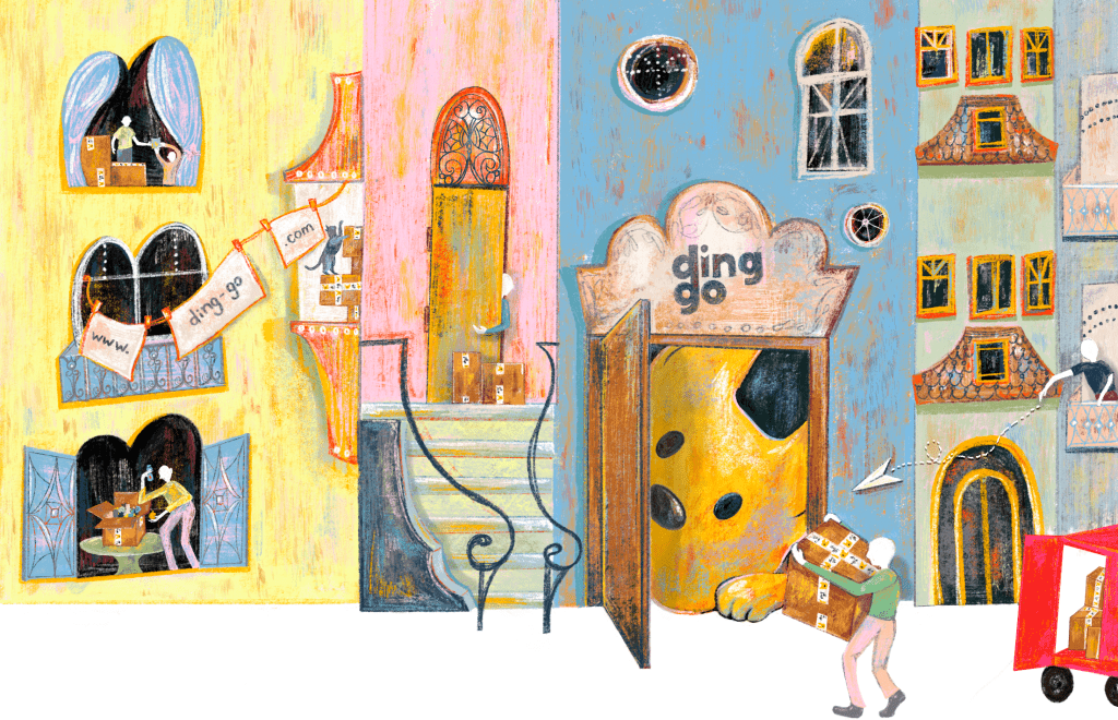 Illustration of a colorful cityscape with buildings and a character with a box.