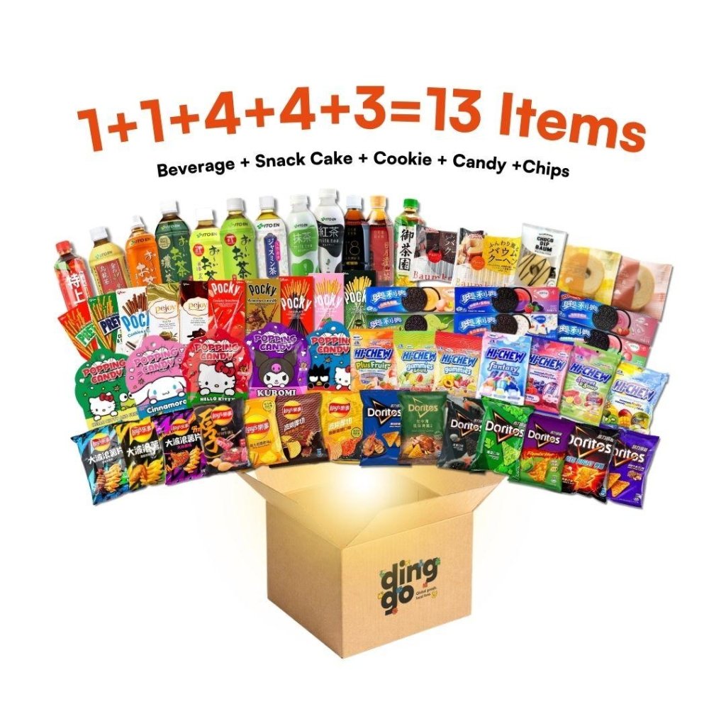 Ding - go Asian Snack Box - 13 Items (1 Beverage + 1 Snack Cake + 4 Candies + 4 Cookies + 3 Chips) - ding - go