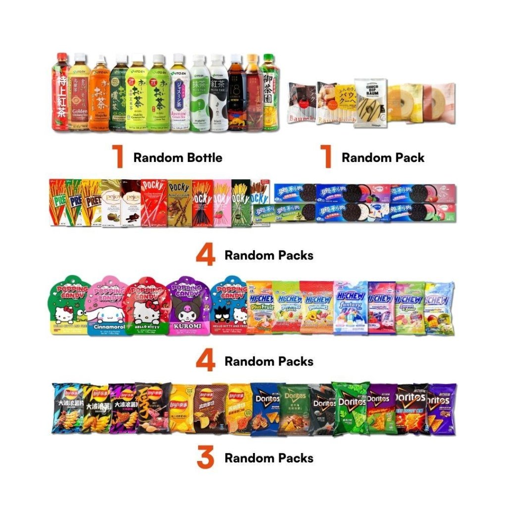 Ding - go Asian Snack Box - 13 Items (1 Beverage + 1 Snack Cake + 4 Candies + 4 Cookies + 3 Chips) - ding - go