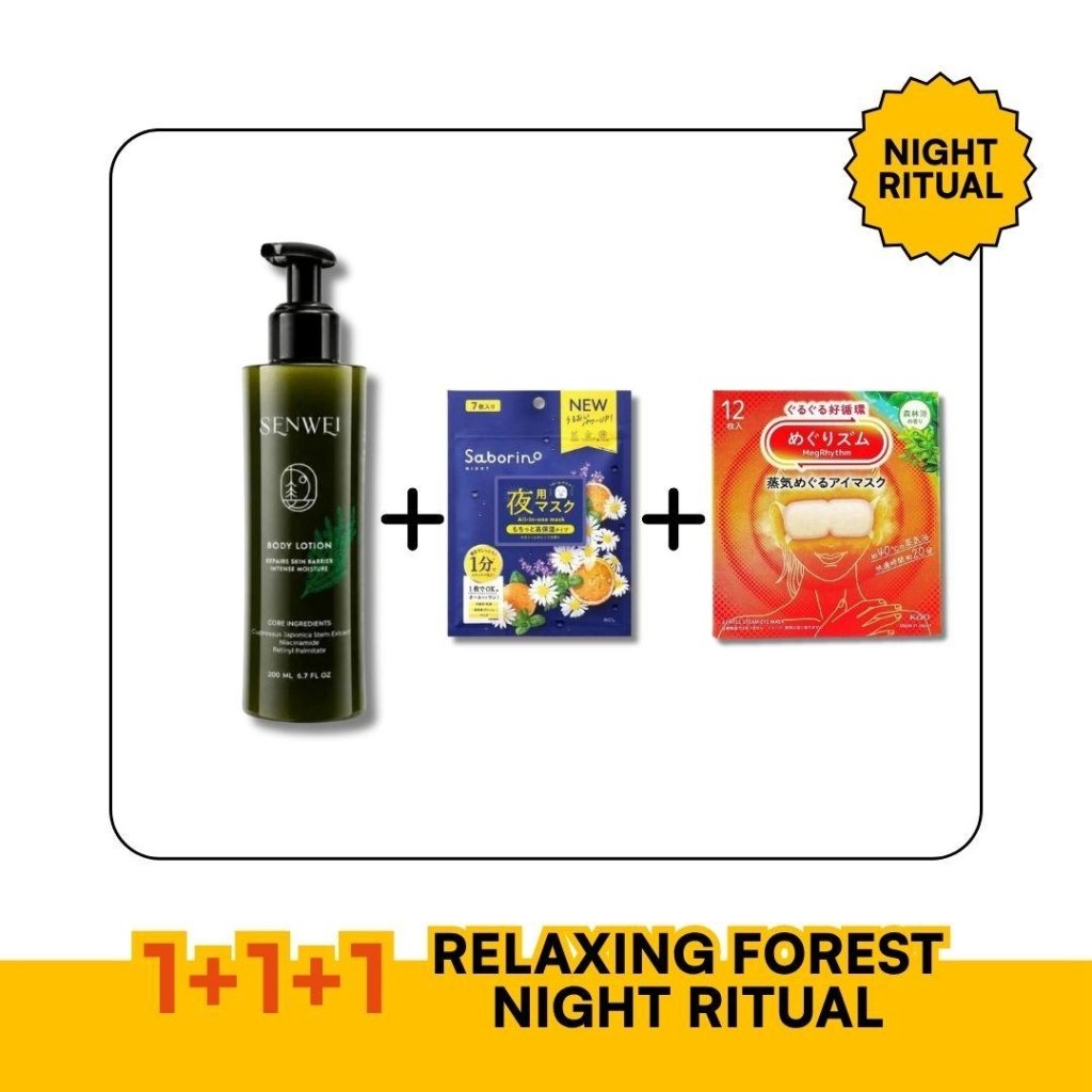Forest Night Ritual — SENWEI Japanese Cedar Body Lotion + Saborino Night Mask + MegRhythm Forest Steam Eye Mask - ding-go