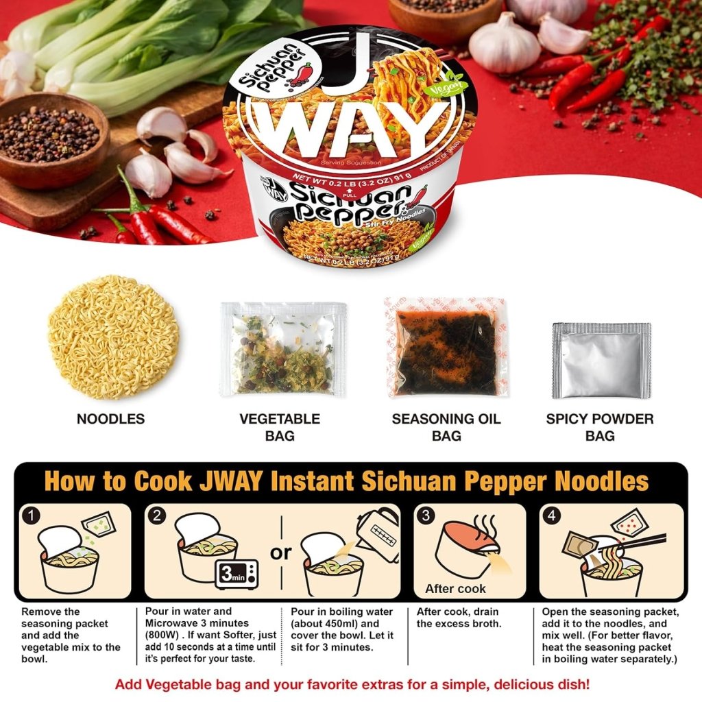 JWAY Sichuan Pepper Stir Fry Noodles 1 case - 90g x 12 Pack - ding - go