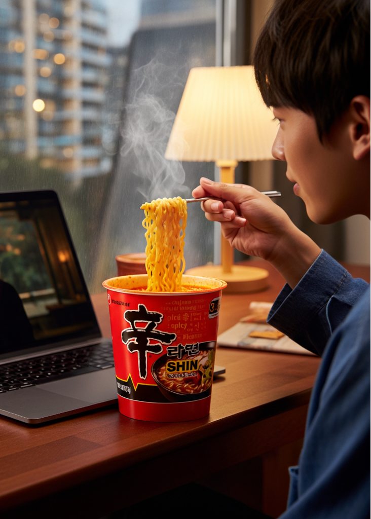 Person eating noodles from a cup with a laptop showing a video call in the background.
