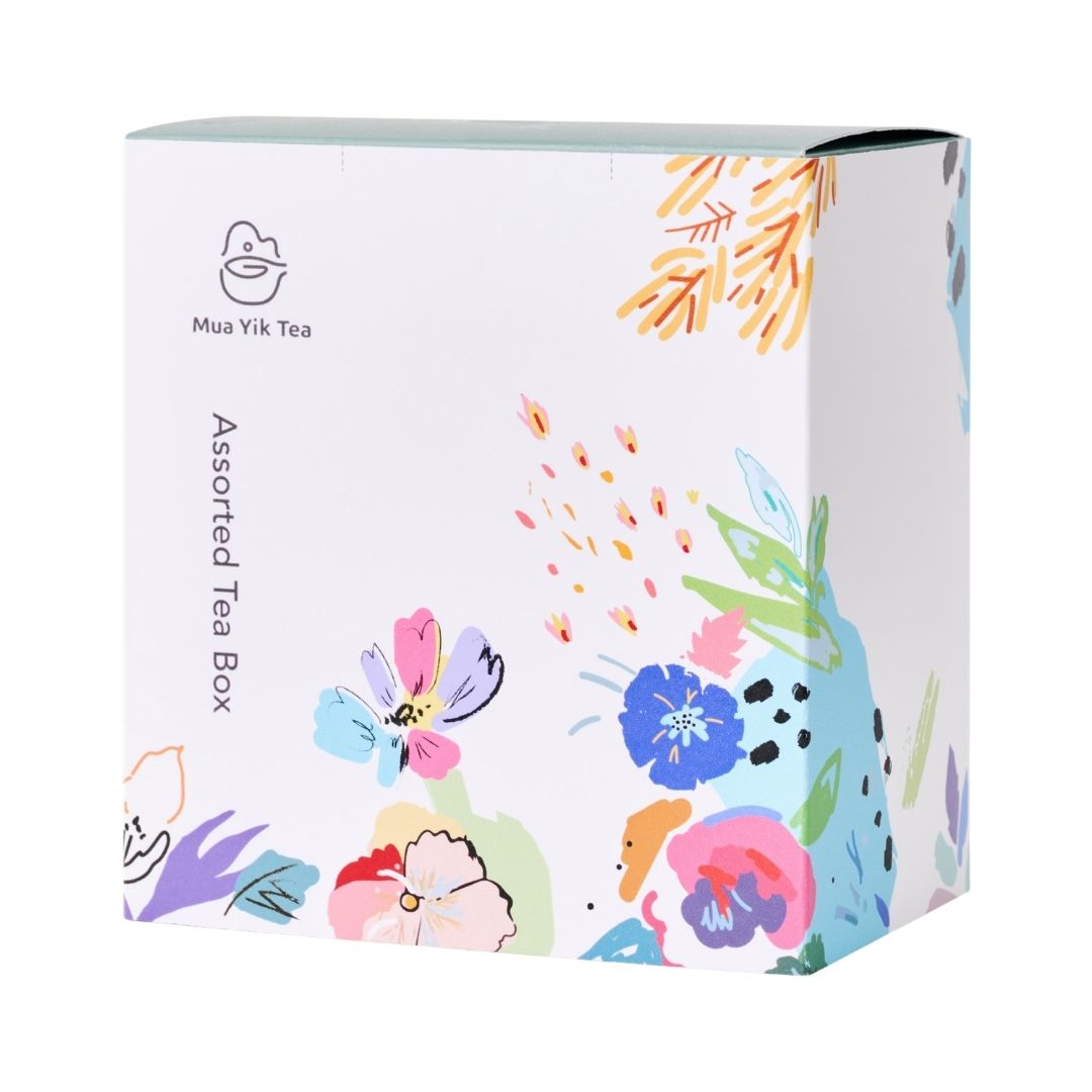 Assorted tea box with colorful floral designs on a white background