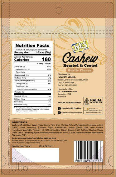 Iyes Roasted Coated Cashew Garlic Flavor - 100g