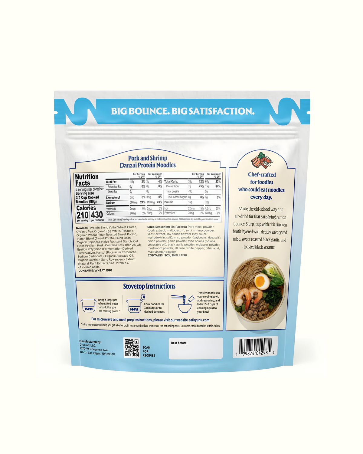 KYUNU Taiwanese Pork & Shrimp Danzai, Air Dried Egg Ramen, 30g Protein, 15g Fiber - 0.5lb