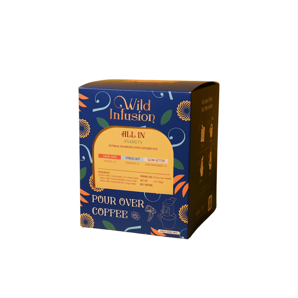 Wild Infusion Single Served Pour - Over Botanical Mushroom Coffee | Variety Pack | ALL IN Coffee | 10 Packs - 110g - ding - go