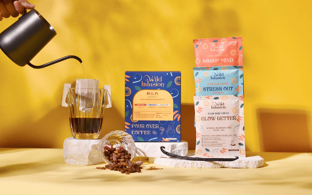 Wild Infusion Single Served Pour - Over Botanical Mushroom Coffee | Variety Pack | ALL IN Coffee | 10 Packs - 110g - ding - go