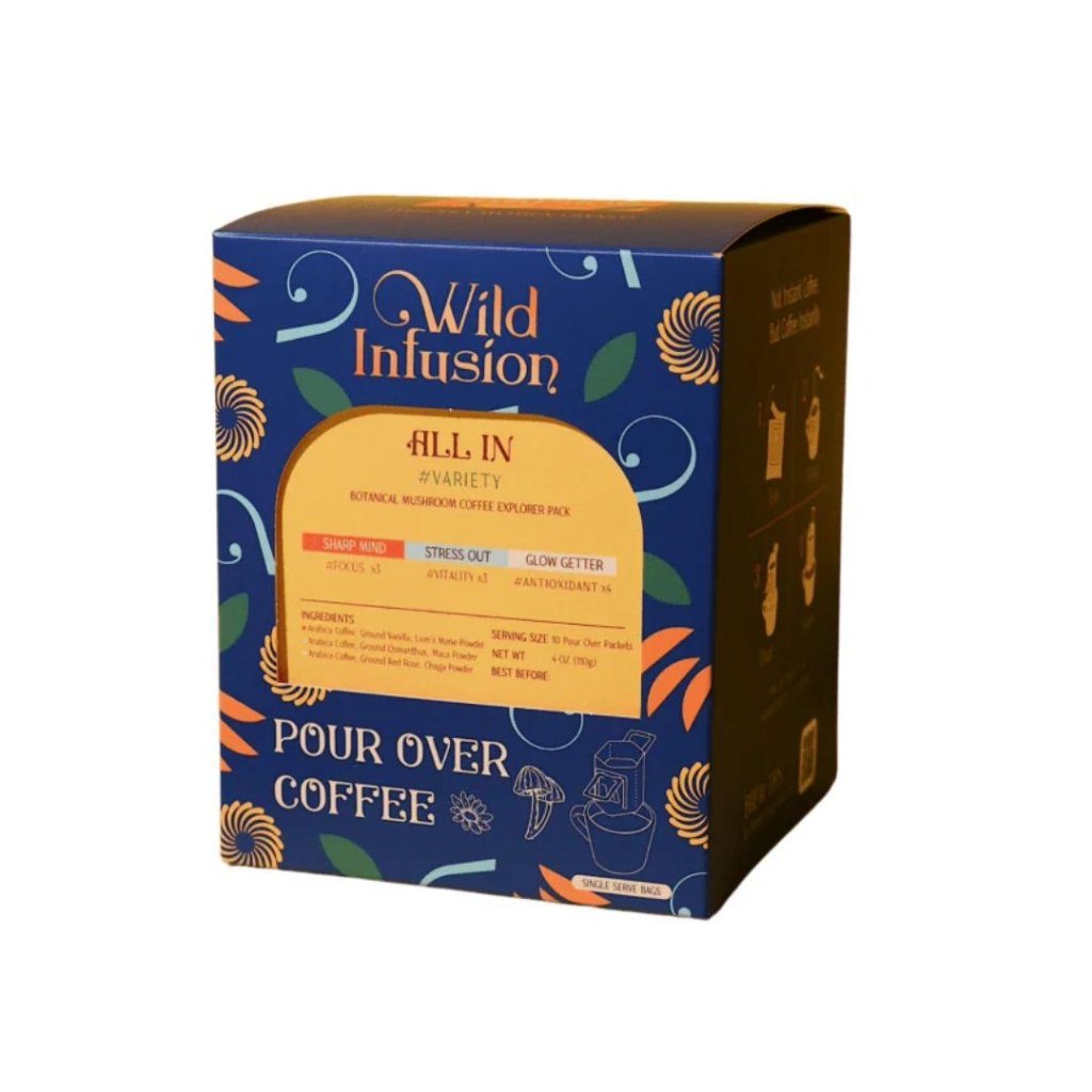 Wild Infusion Single Served Pour-Over Botanical Mushroom Coffee | Variety Pack | ALL IN Coffee | 10 Packs - 110g - ding-go